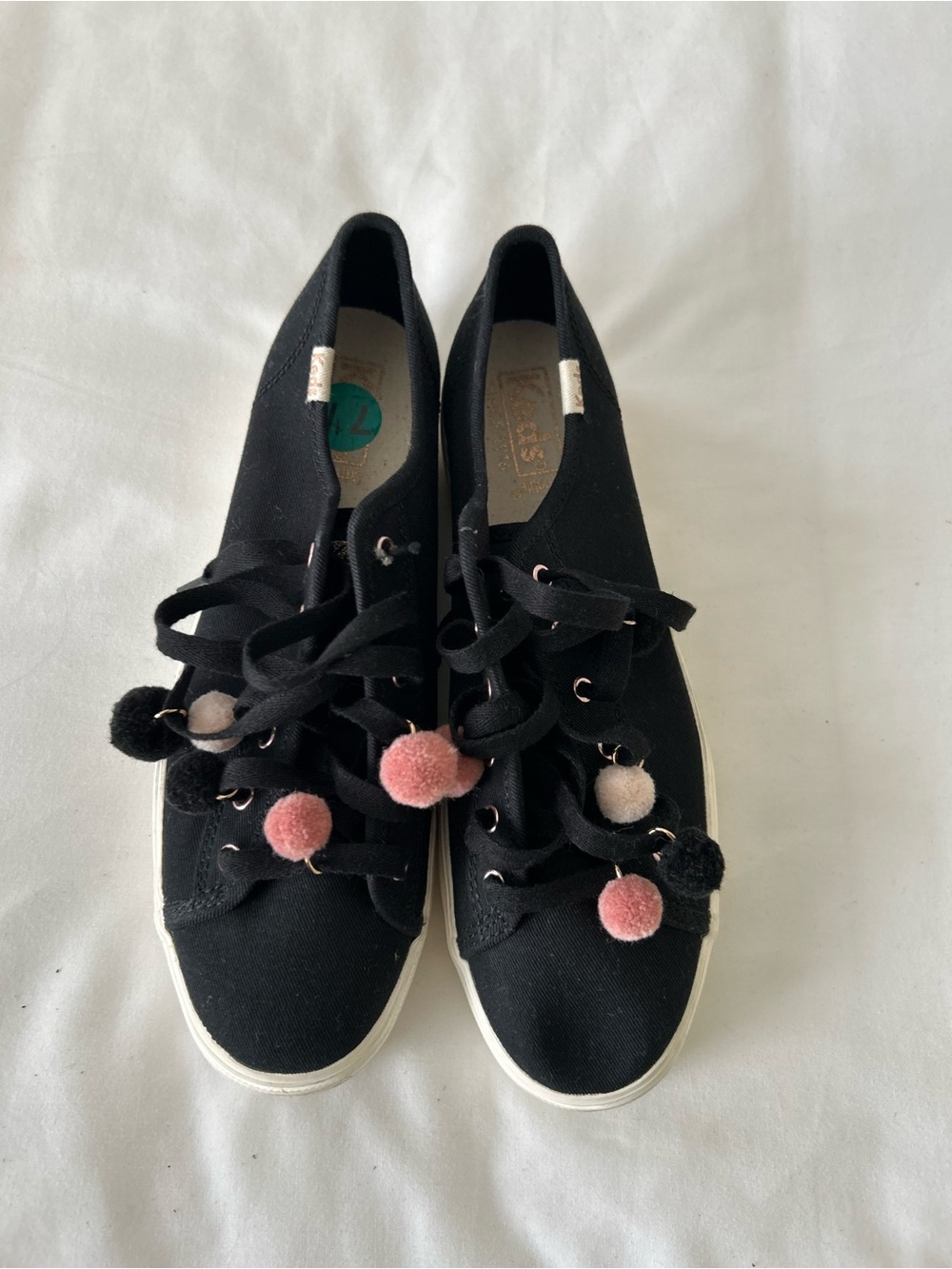 Keds Black Canvas Sneakers with Pink and Cream Pom Details